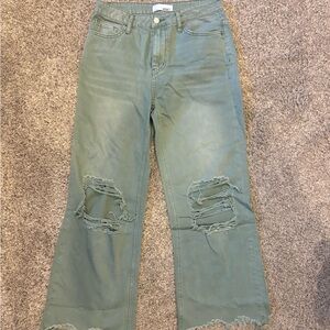 Chic Distressed Wide Leg Jeans in Green